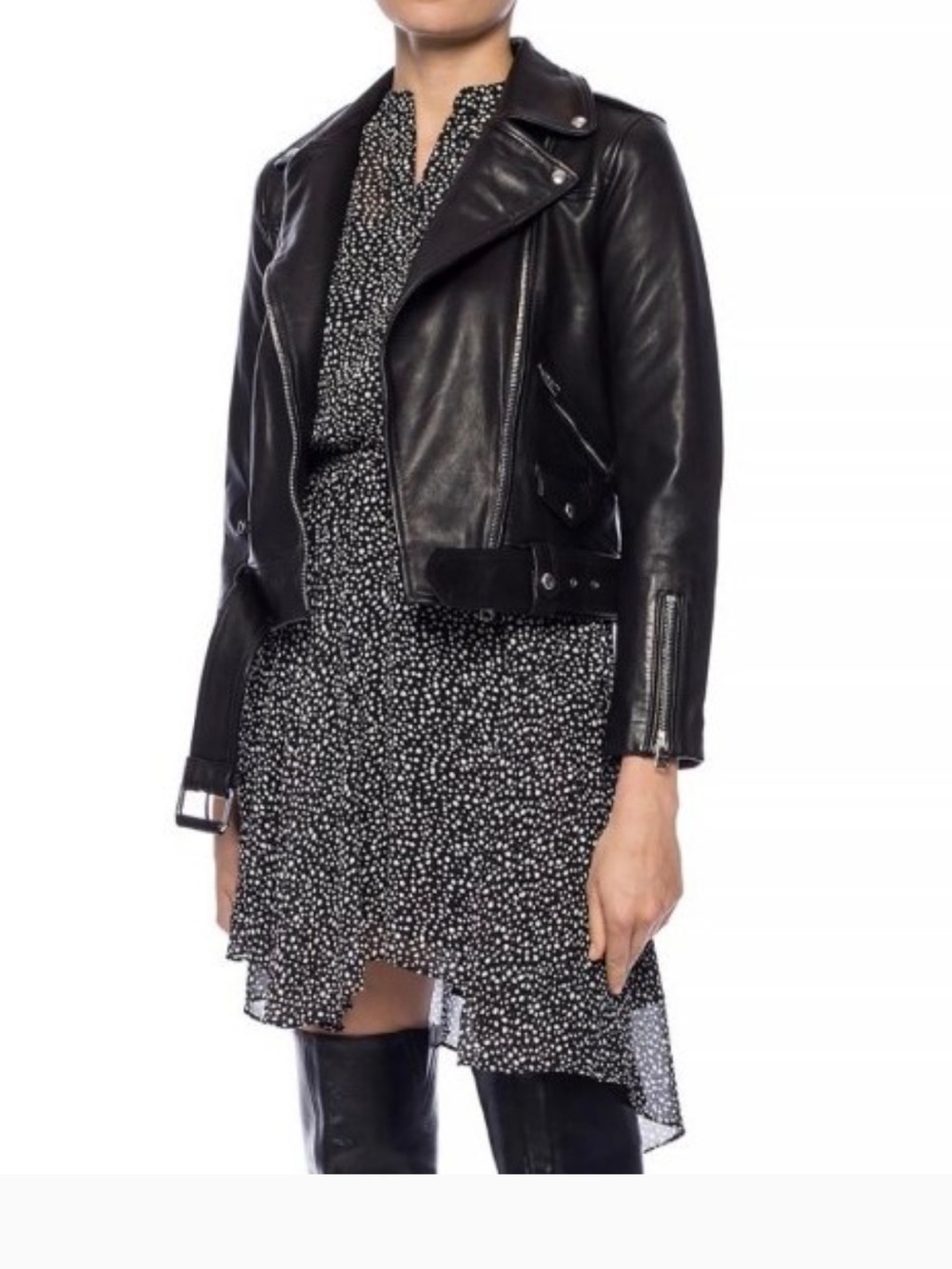 All Saints  Martina Splash Black Long-Sleeve Dot-Print Dress. Size S